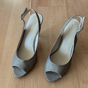 Silver sparkle Le Chateau peep toe sling back heels